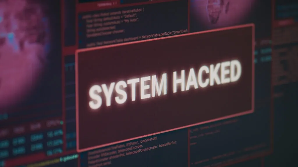 Computer Monitor Showing Hacked System Alert Message Flashing Screen Dealing With Hacking Cyber Crime Attack Display With Security Breach Warning Malware Threat Close Up