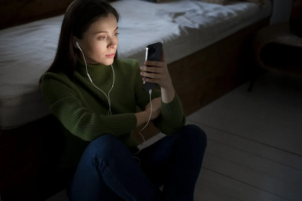 Woman Listening Music Looking Her Smartphone